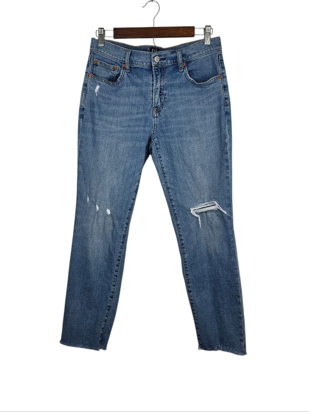 Gap Denim 1969 Girlfriend Distressed Raw Hem Straight Jeans Mid Rise Size 4 / 27